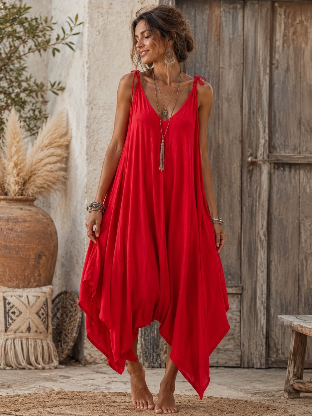 Bebo Women’s Boho Harem Jumpsuit Oversized V-Neck Romper Red One Size Fits Most